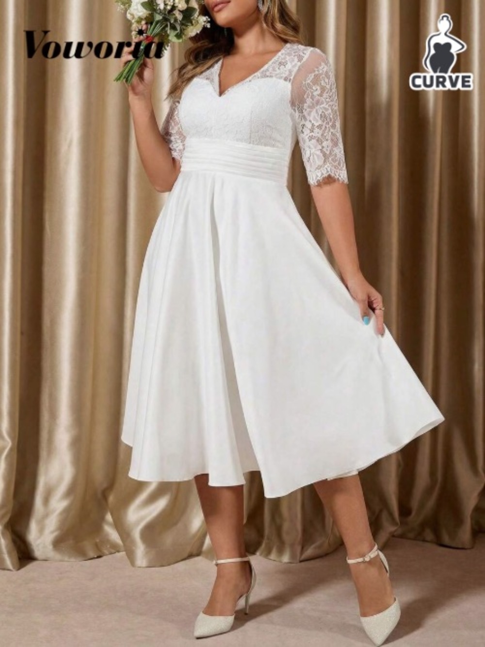 SHEIN White Lace V-Neck Midi Dress